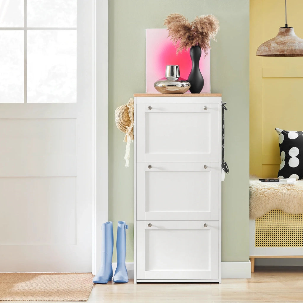 Scarpiera Ribaltabile, Scarpiera Con 3 Ribalte, Portascarpe Salvaspazio Con 2 Ganci, Bianco-Naturale 59x26x116cm FSR144-WN