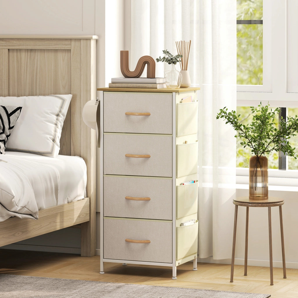 Cassettiera 4 Cassetti Pieghevoli 45x30x94,5 cm Struttura in Acciaio e Tessuto Beige