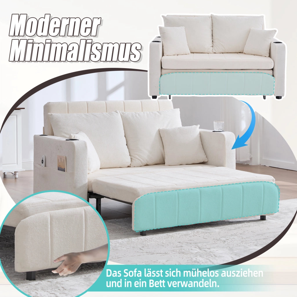 OKWISH Divano Letto 2 Posti, Funzione Letto con Tasca Laterale e Portabicchieri, Ciniglia, Beige, 139 x 83 x 58 cm