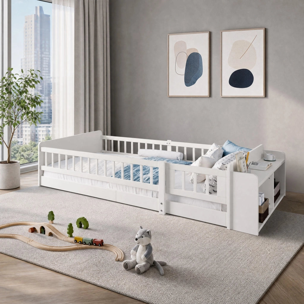 Letto per bambini in pino bianco 90x200 cm con contenitore aperto e scaffali, senza materasso
