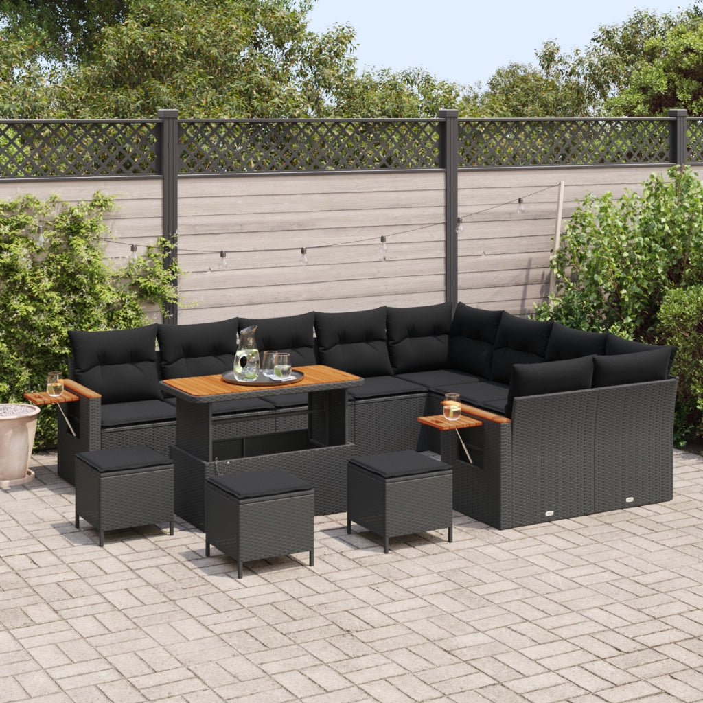 Set di Divani da Giardino  da 13 Pezzi con Cuscini Nero Polyrattan Acacia