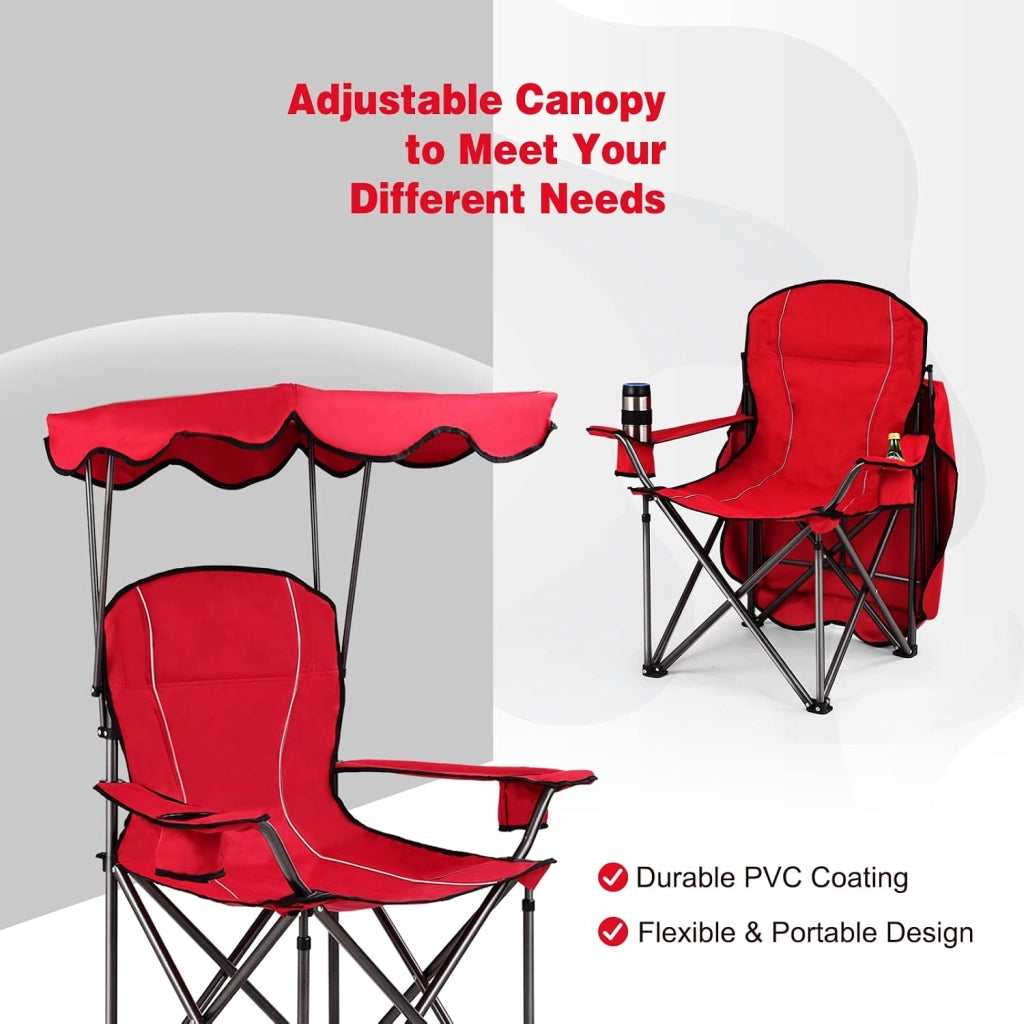 Sedia da campeggio con baldacchino, ombra, sedia da spiaggia e beach chair, pieghevole, con portabevande e borsa, per esterni, fino a 130 kg (rosso)