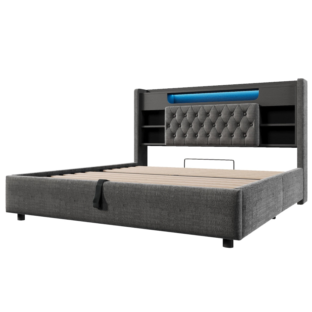 Letto Contenitore 140 x 200 cm - USB; USB-C; LED e Mensole - in Lino - Grigio