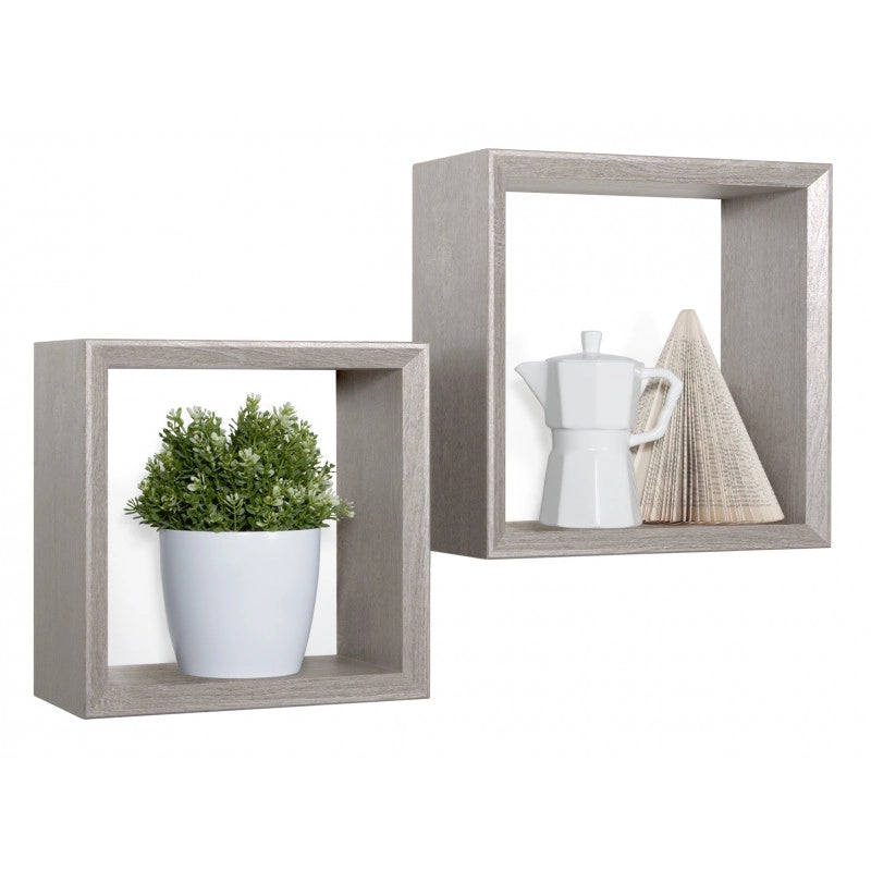 Set di 2 Mensole da Muro, Cubi Arredo, Mensole Cubo, Cubi da Parete, Cubi Portaoggetti, Rovere Grigio Nuovo 35x35 p15,5 cm, e 30x30 p15,5 cm - Ginevra
