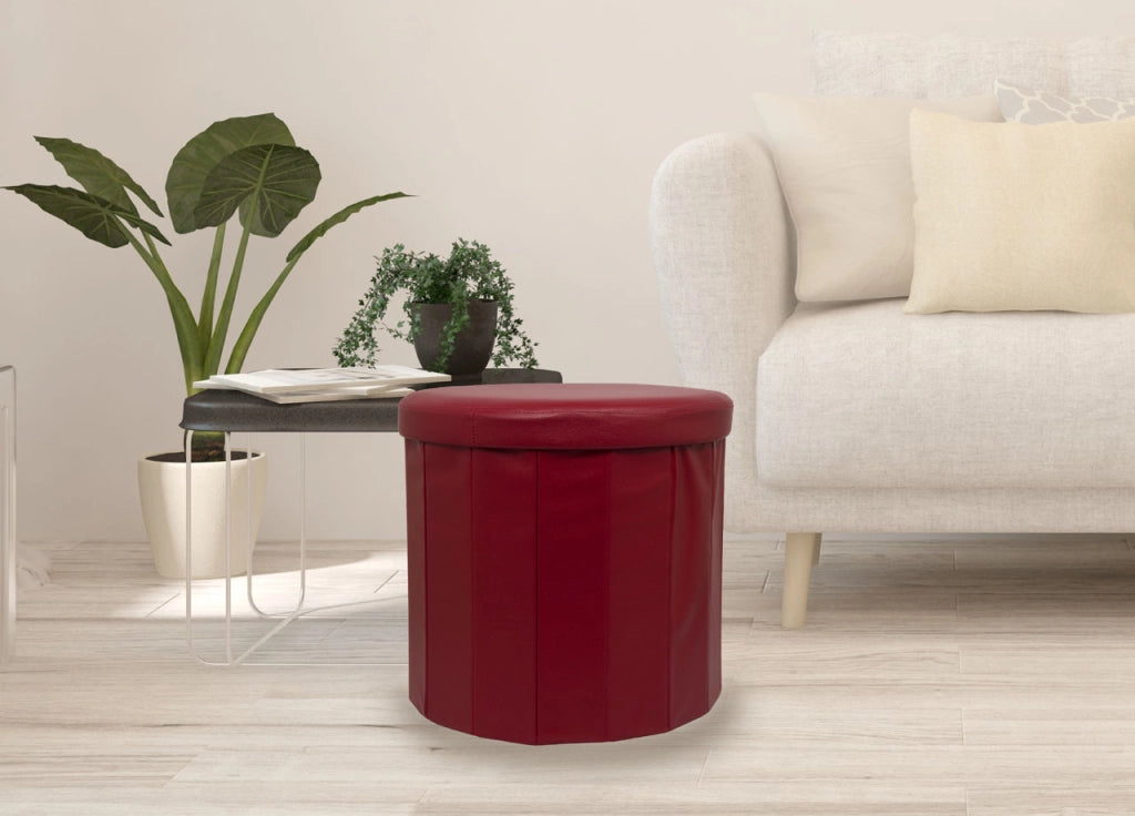Pouf Salotto Contenitore Ecopelle Rotondo Pieghevole Tinta Unita - Pouf - Bordeaux