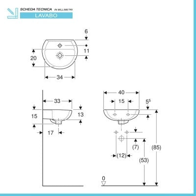 Lavabo sospeso 40 cm Geberit in ceramica lucida  Colibrì