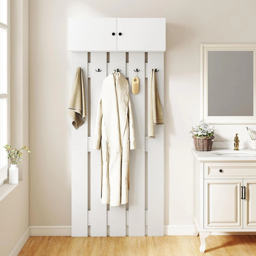 Appendiabiti 2 in 1, appendiabiti da parete con armadio a 2 ante, 5 ganci doppi, design compatto, 90 x 33 x 210 cm, per corridoio, ingresso, camera da letto, bagno (bianco)