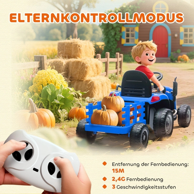 Trattore elettrico per bambini, trattore cavalcabile con telecomando, avviamento graduale, per bambini dai 3 agli 8 anni, blu