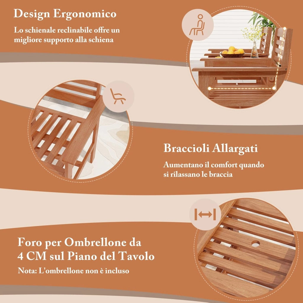 Set Tavolo e Sedie da Giardino con Foro per Ombrellone, Set di Mobili a 2 Posti in Legno, Tavolo e Sedia da Bistro, Tavolino Portata 35 kg, Sedia Portata 120 kg, per Giardino, Patio