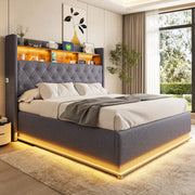 DESMIU Letto con contenitore 160 × 200 cm 2 posti con LED, USB e vano idraulico, senza materasso, grigio
