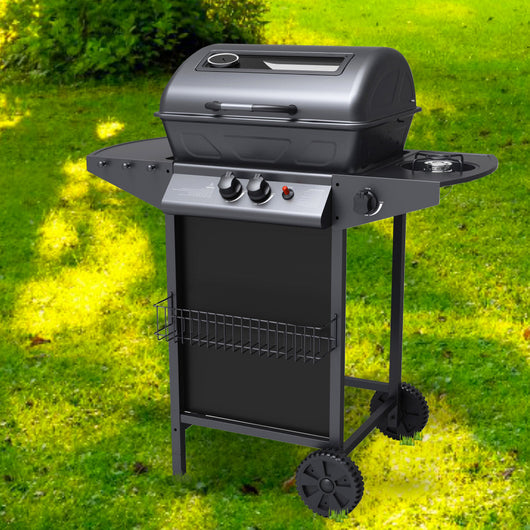 Barbecue a Gas GPL 2 Fuochi a Pietra Lavica con Fornello Laterale Nero
