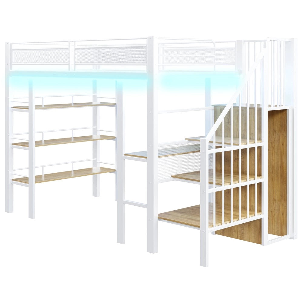 Letto a Soppalco Singolo con LED, Scaffale e Presa ¨C Xylo ¨C Bianco 90x200