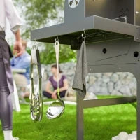 Barbecue a Carbone e Gas con 3 Bruciatori e Coperchio, Termometro, Ruote e Ripiani, Nero