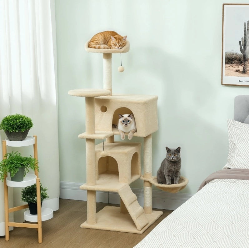 Tiragraffi ULEVR beige con piattaforme, cuccia, amaca, scala e pali rivestiti in sisal