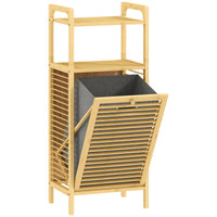 Mobile Bagno a Doghe con Cesto Portabiancheria 40x30x95 cm Apertura a Ribalta in Bambù e Poliestere Grigio e Legno