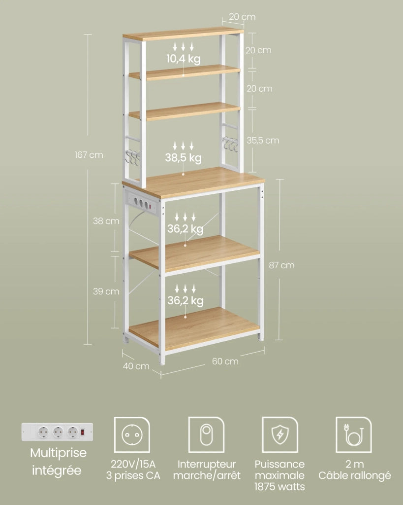 Mensola da cucina con multipresa mensola per macchina da caffè 6 ripiani 6 ganci per forno a microonde struttura in acciaio 40 x 80 x 167 cm bianco 12_0005664
