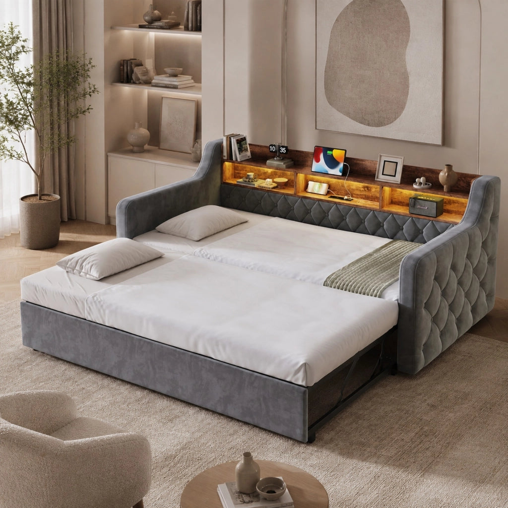DIVANO LETTO 90x190 cm in velluto grigio scuro con braccioli