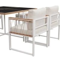Set da pranzo da esterno a 7 pezzi con tavolo in vetro temperato, intreccio in rattan, cuscini, per 6 persone, Nero e Bianco