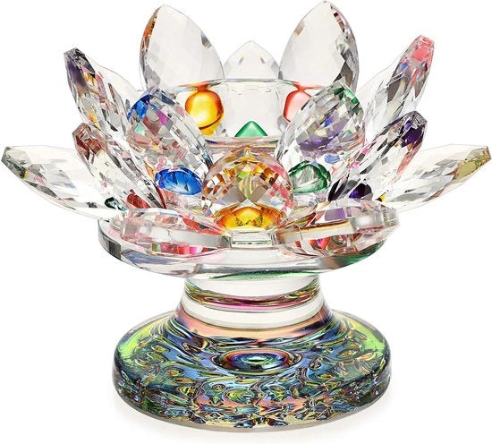 Luminaria da Tavolo con 4,5" Vaso in Vetro Colorato a Forma di Loto con Luce di Fiamma e Supporto per Candela in Vetro Colorato con Effetto Arcobaleno
