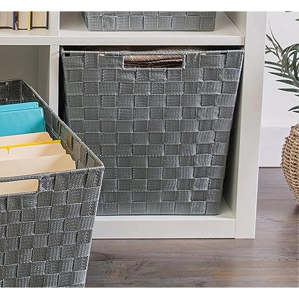 Trade Shop - Portaoggetti Cesto In Tessuto Intrecciato 38x26x25cm Maniglie Grigio Scuro 79038 -
