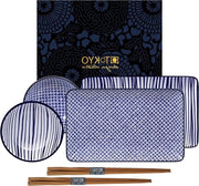 Set di Sushi blu-bianco 6 pezzi 2x piatti di sushi 2x contenitori di sazio 2x bastoncini da cibo Porcellana Asiatica design giapponese inclusa confezione regalo