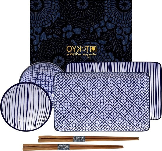 Set di Sushi blu-bianco 6 pezzi 2x piatti di sushi 2x contenitori di sazio 2x bastoncini da cibo Porcellana Asiatica design giapponese inclusa confezione regalo