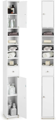 Armadio da Terra Alto, Mobile Colonna Bagno con 2 Ante 1 Cassetto e 5 Ripiani Regolabili, Mobile Bagno Salvaspazio per Bagno Soggiorno Camera da Letto, 20x20x180cm (Bianco)