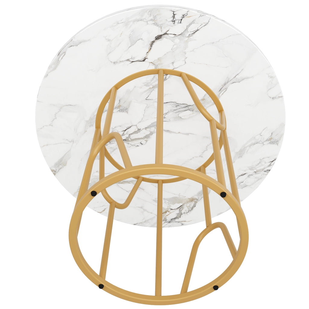 Tavolo da Pranzo Rotondo ¨C MINIMAL ¨C Piano MDF Effetto Marmo, Gambe Dorate, 80x80x76 cm