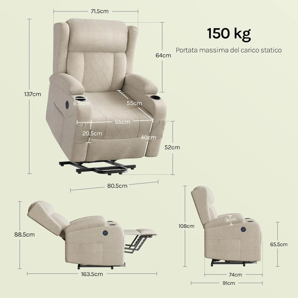 Poltrona Elettrica Reclinabile, Sedia Massaggiante con Alzapersone, Riscaldamento, Poggiapiedi, Tasche Laterali, Porta USB, Portabicchieri, per Soggiorno, Tessuto Spugna, Beige, SKS61be