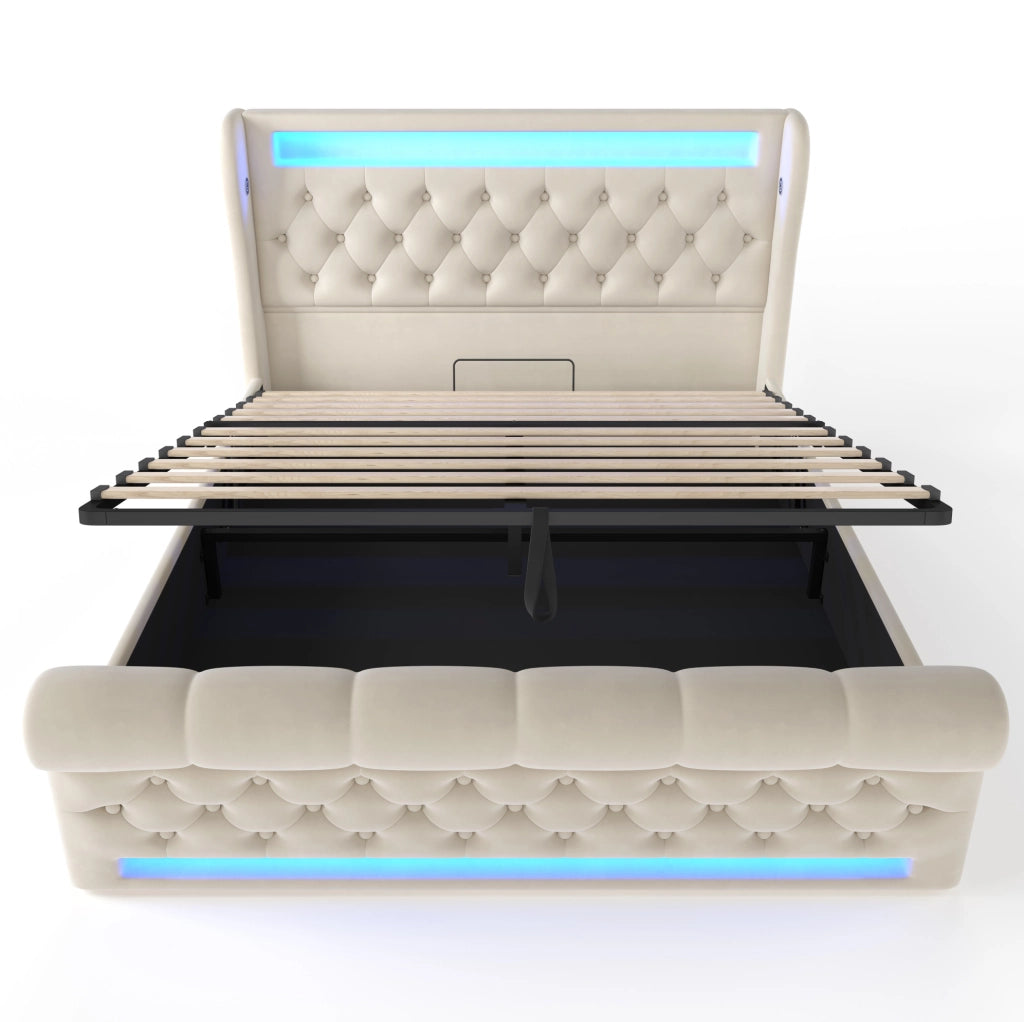 Letto matrimoniale imbottito 160x200 cm in velluto beige con LED; contenitore e USB Type-C