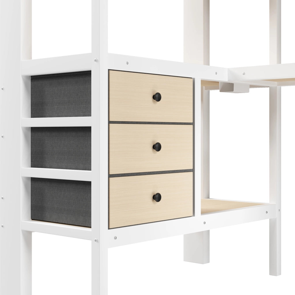 Letto a soppalco 90x200 cm con scrivania; LED e presa in MDF e metallo bianco