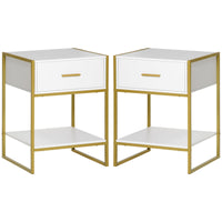 Set 2 Comodini Moderni con Cassetto e Ripiano Aperto 45x40x60 cm in MDF e Acciaio Bianco e Oro