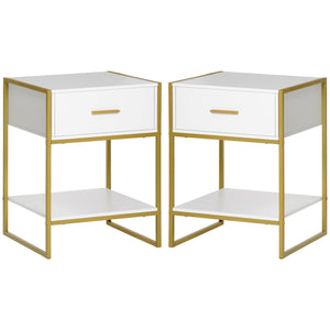 Set 2 Comodini Moderni con Cassetto e Ripiano Aperto 45x40x60 cm in MDF e Acciaio Bianco e Oro