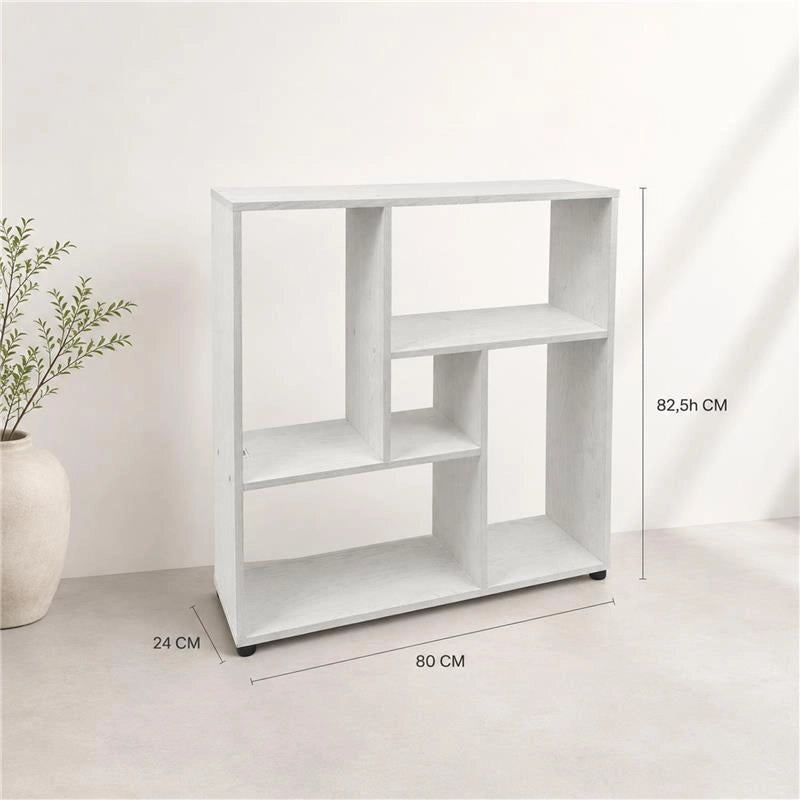 LIBRERIA IN LEGNO BIANCO MODERNA CON CINQUE RIPIANI SFALSATI DIMENSIONI  80X24X82,5 CM