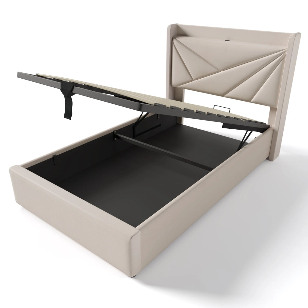 Letto contenitore 90x200 cm con USB e USB C; testiera imbottita; beige