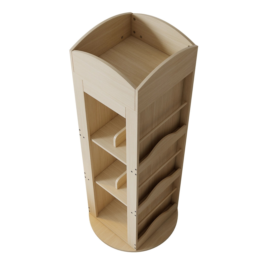 Libreria girevole 360° in MDF naturale, scaffale salvaspazio multifunzione per libri e giochi