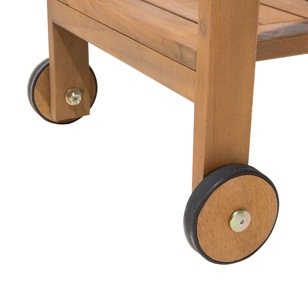 Carrello da giardino in legno di acacia chiaro Carrello da tè a 2 piani con ruote con portabottiglie