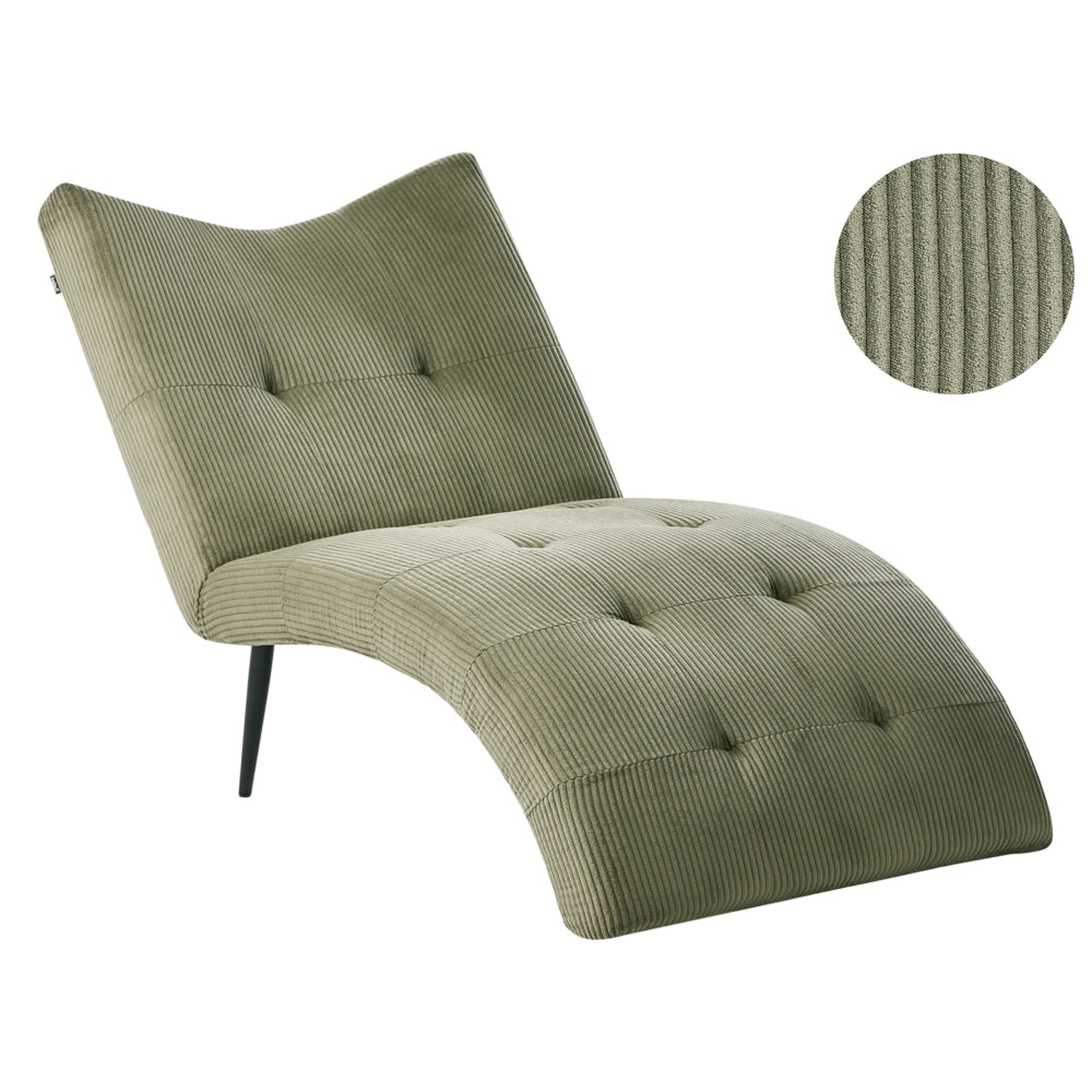 Chaise longue con rivestimento in velluto a coste verde trapuntatura a bottoni, senza braccioli, design moderno per soggiorno