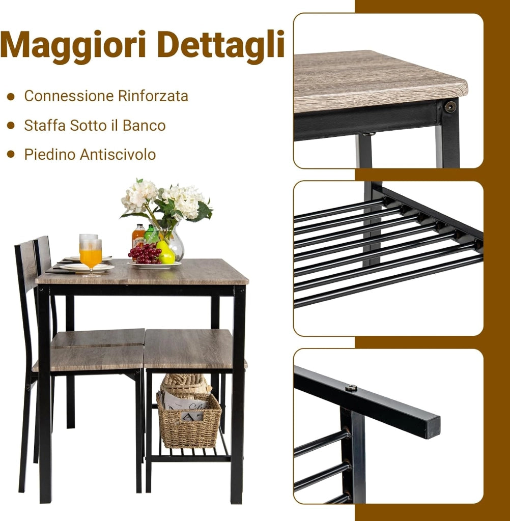 Set Tavolo e Sedie da Cucina 4 Pezzi, Tavolo da Pranzo con 2 Sedie e 1 Panca, Set Mobili da Cucina Salvaspazio con 4 Posti, per Sala da Pranzo e Soggiorno (Rovere grigio)