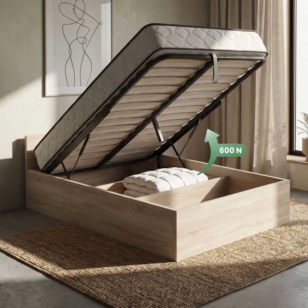 Letto con contenitore 100x200 cm rete sollevabile in metallo e materasso a molle Rovere Sonoma