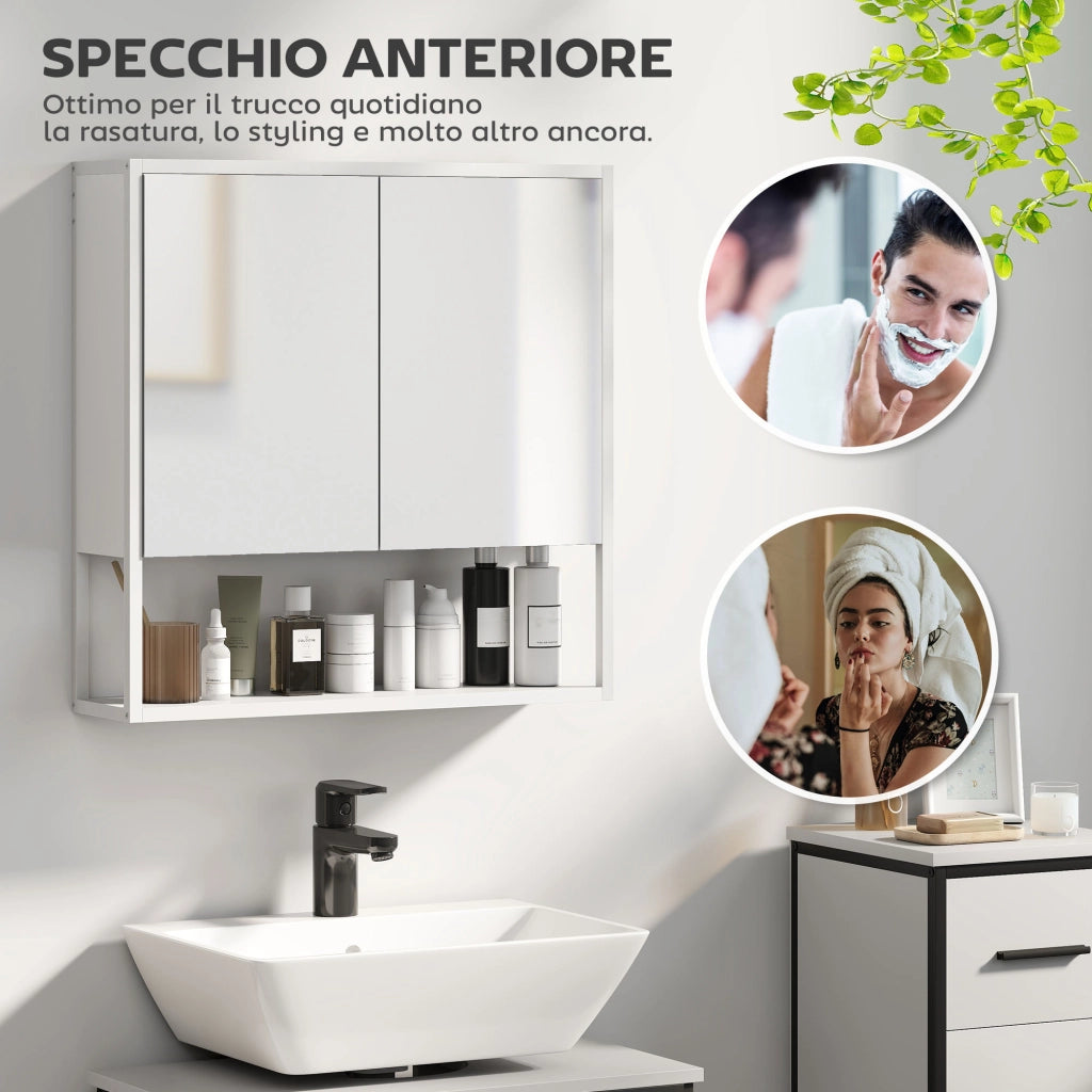 Mobile Bagno a Parete 60x16x60 cm con Specchio Armadietto e Ripiano Aperto in Legno Bianco