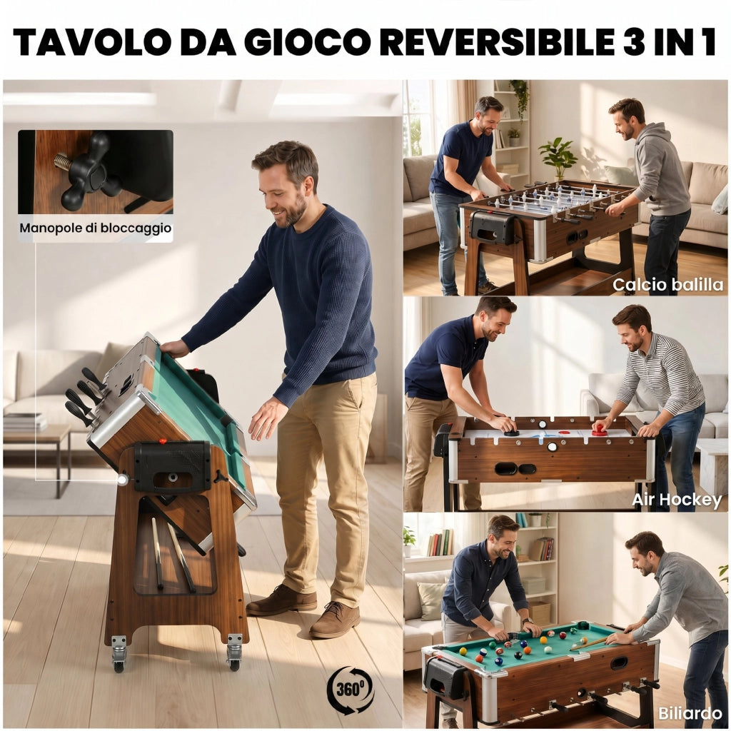 Tavolo da Gioco 3 In 1 Air Hockey Biliardo Calcio Balilla 102,5x61,5x65 cm Ruote Bloccabili Ripiano in MDF Effetto Noce