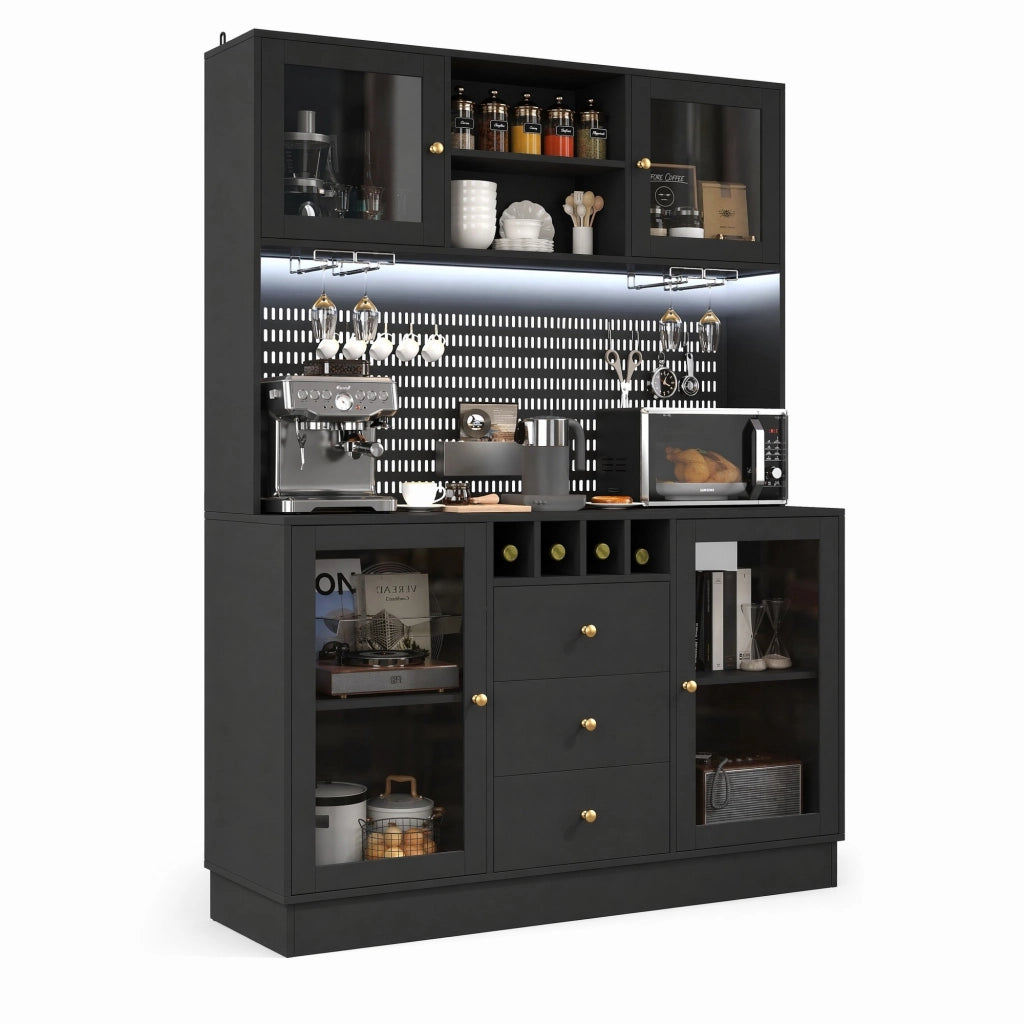 Credenza alta nera con LED smart, portabottiglie e vetrina