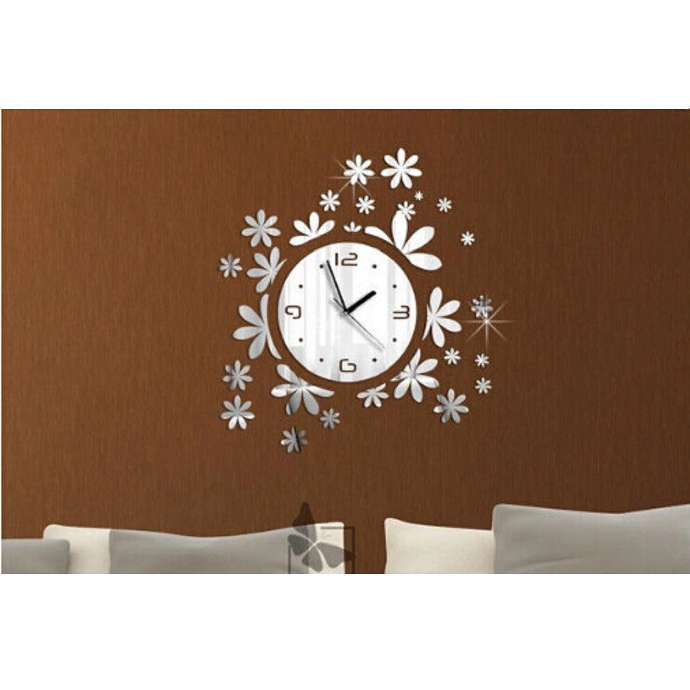 Trade Shop - Orologio Da Parete Moderno Adesivo 3d Con Fiori Erba A Muro Effetto Specchio -