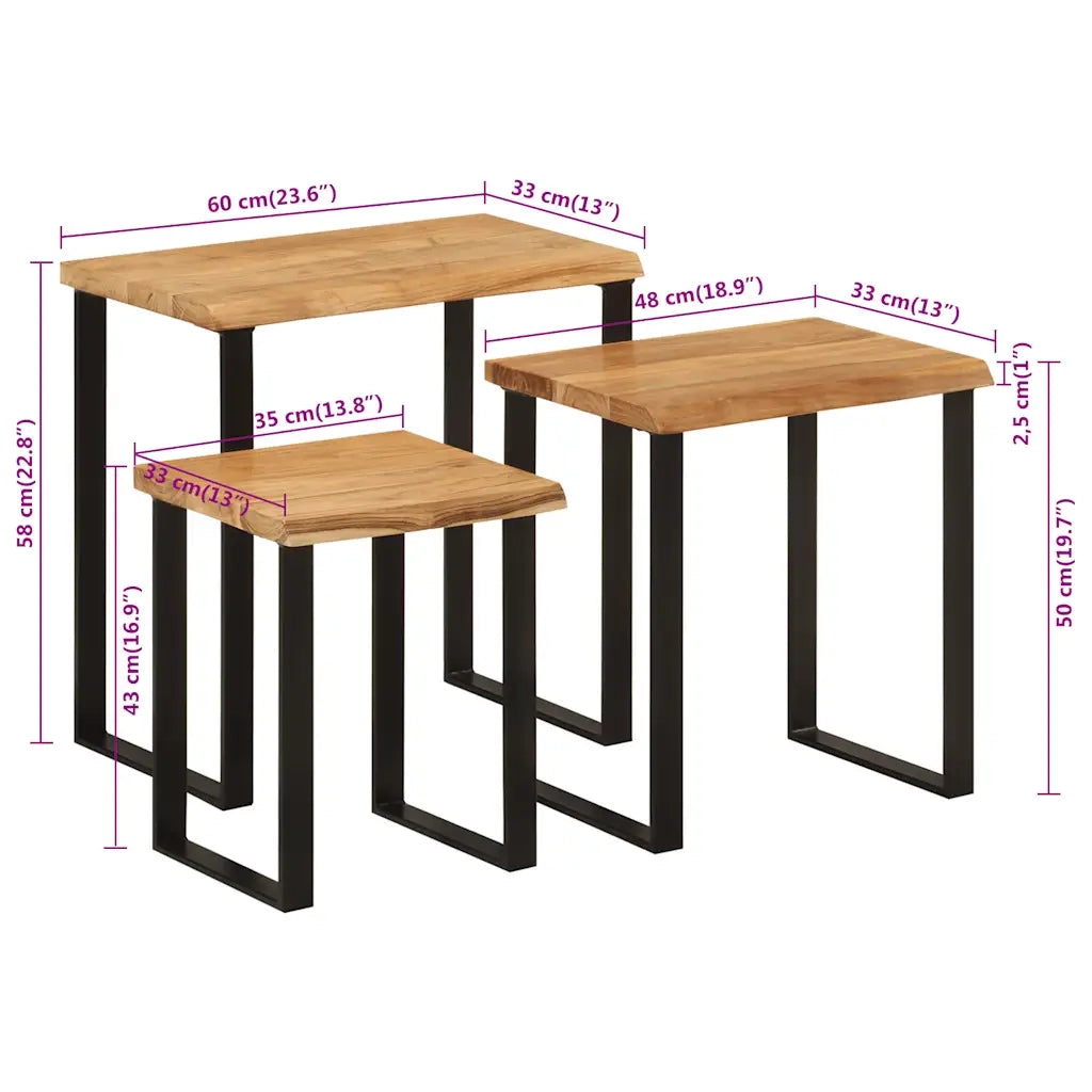 Tavolini a Incastro 3 pz Bordi Vivi in Legno Massello di Acacia 372760