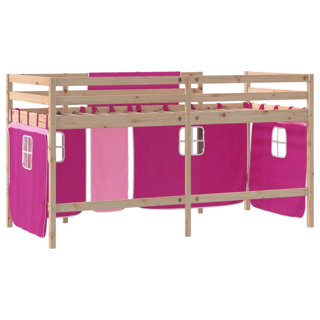 Letto a Soppalco con Tende Bambini | Letto Infantile | Lettino Rosa 80x200 cm Massello Pino