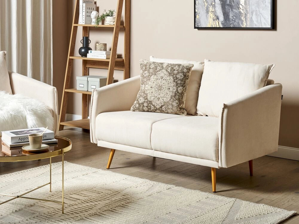 Divano Tessuto Beige 2 Posti Schienale Imbottito Gambe In Metallo Dorato Retrò Glam