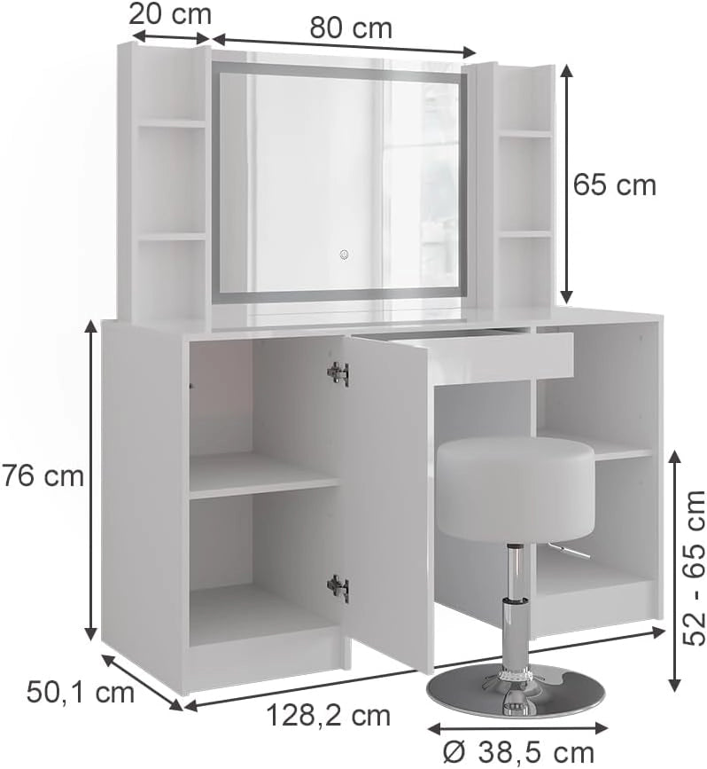 Tavolo da toeletta Sherry, Bianco/bianco lucido, 128.2 cm con specchio LED e sgabello, con piano d'appoggio laterale e presa elettrica integrata