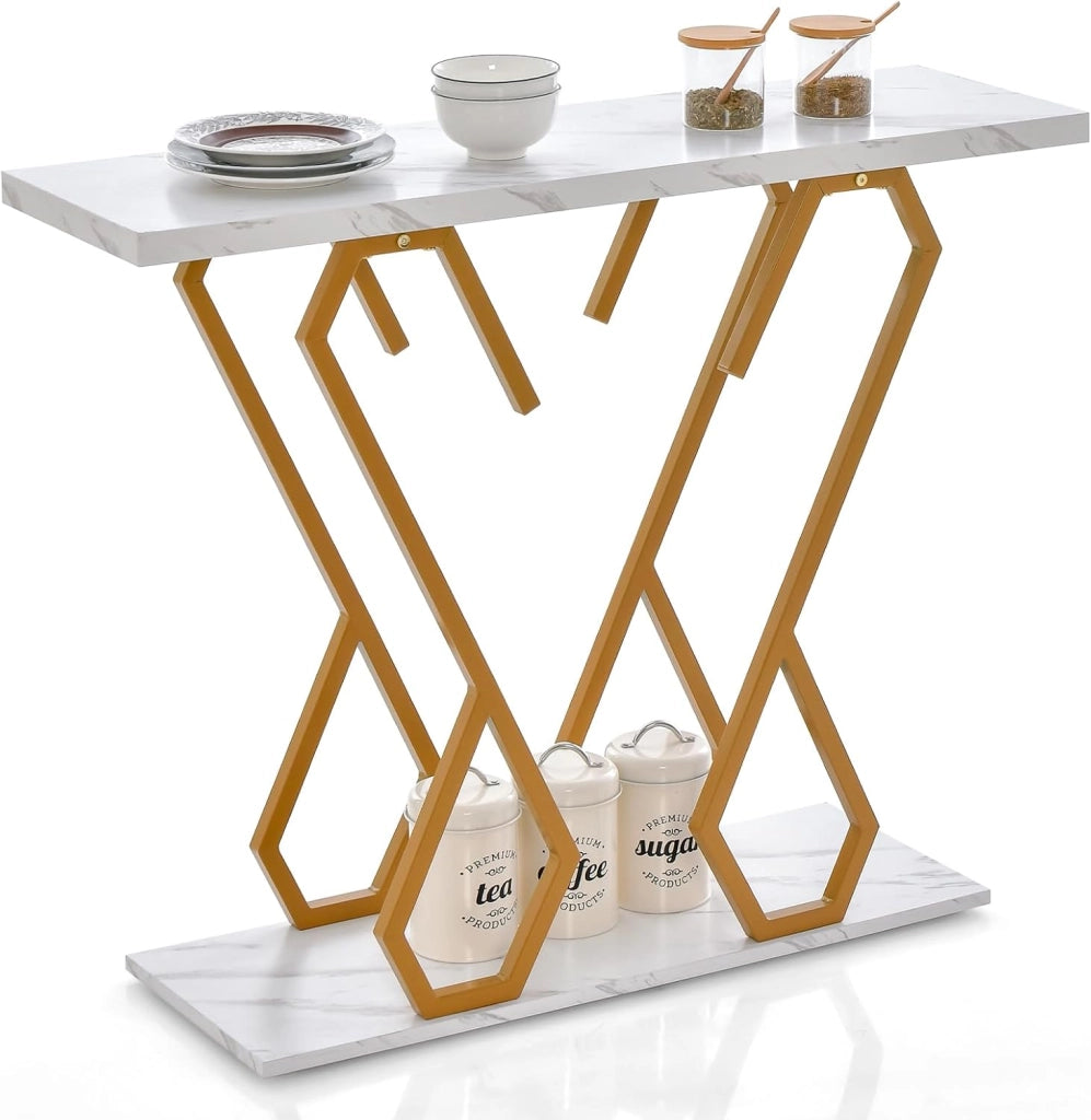 Consolle effetto marmo, tavolo da ingresso tavolo da ingresso struttura in metallo a forma di farfalla, tavolino stretto tavolino da caffè con 2 ripiani, credenza lunga, credenza da tavolo