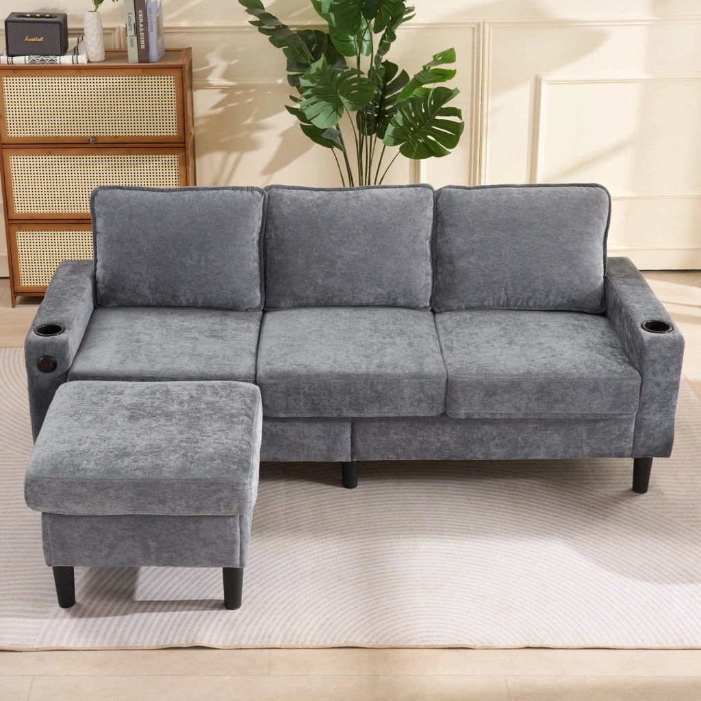 Divano Angolare 3 Posti con USB e USB-C, Portabicchieri e Tasche Laterali, in Lino Grigio 202 × 137 × 80 cm